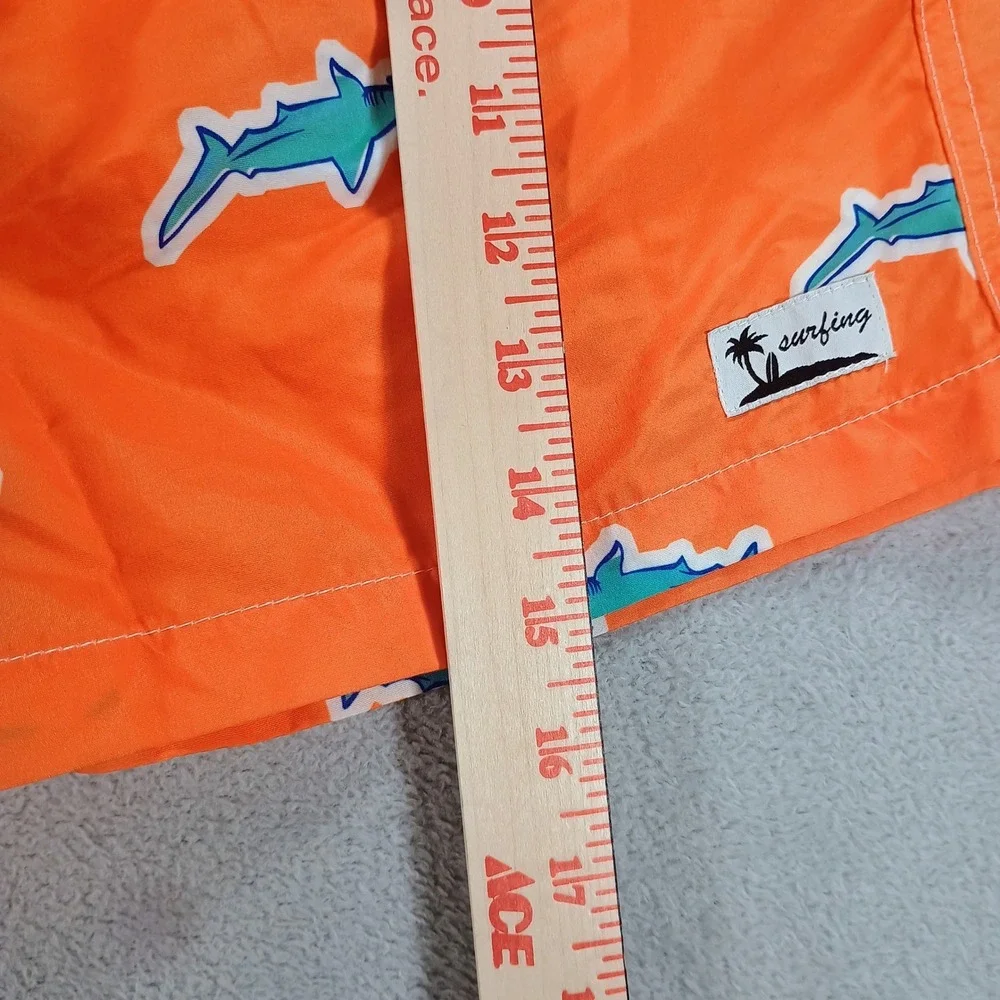Unbranded Mens Swim Trunks Orange Shark‎ Print S Elastic Waist Drawstring